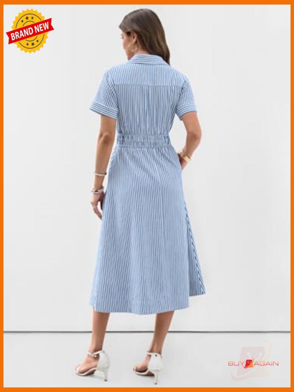 Women's Midi Dress Short Sleeve Striped Button Collar Casual Beach Dress - Picture 4 of 7